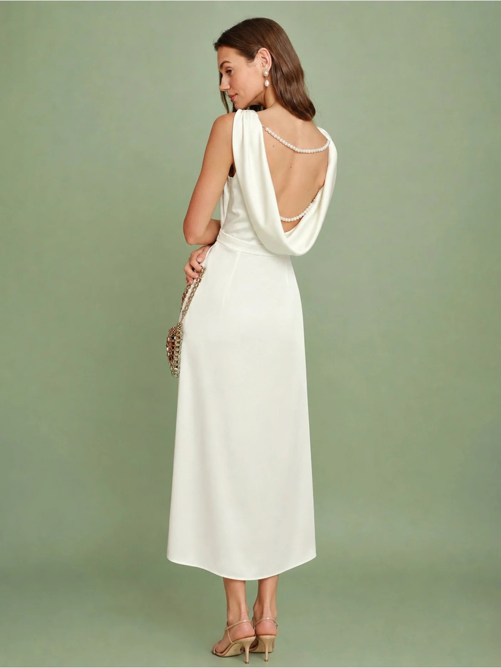Rihoas Ivory Cowl-Back Midi Dress with Pearl Straps